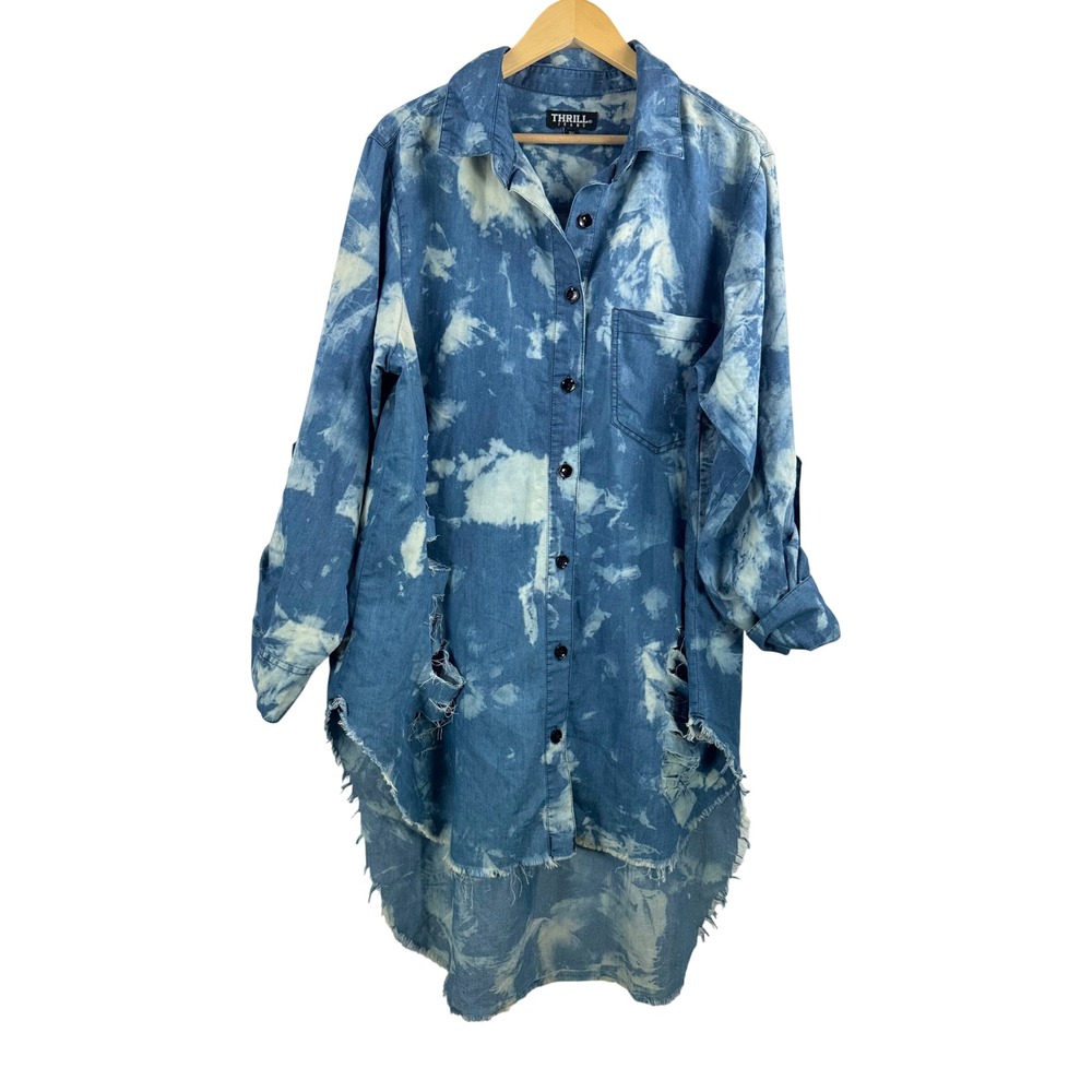 Thrill Jeans Tunic Top sz 2X Blue Acid Wash Distressed grunge oversized goth‎